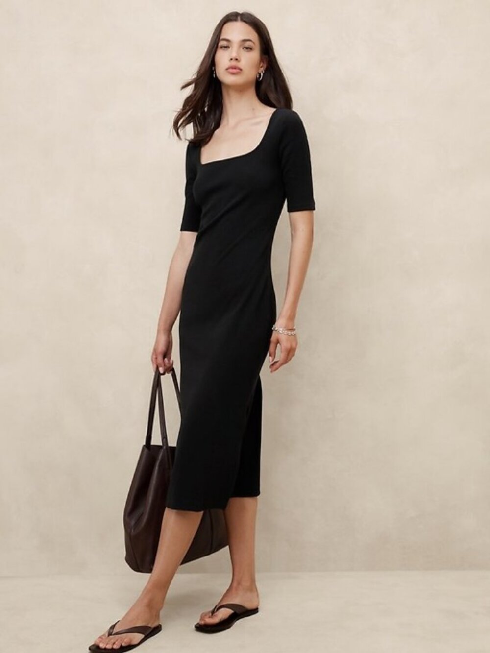 Banana Republic Black Elbow-Sleeve Square-Neck Stretch Cotton Ribbed Midi Dress